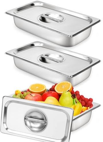 Panierschalen Set 3-teilig, GN 1/3 Behälter, 32,5 x 17,5 x 6,5 cm Edelstahl Gastronormbehälter mit Deckel, Rechteckige Metall Gastro Behälter für Koteletts, Schnitzel, Fleisch, Fisch