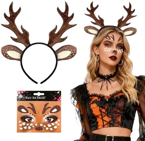 Randomgo Karneval Reh Haarreif Mit Gesichtstattoo, Geweih Kopfschmuck für Damen Kinder, für Damen Kostüm, Weihnachten Karneval Halloween Fasching (A)