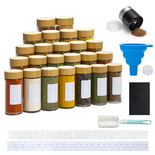 BLUE BAZAAR Glass Spice Jars Set 120ml Clear Kitchen Storage Jars with Airtight Wooden Lids, Glass Spice Jars Funnel & Chalkboard Labels – Seasoning Containers for Herbs & Spices (Bamboo Lid, 24PCS)