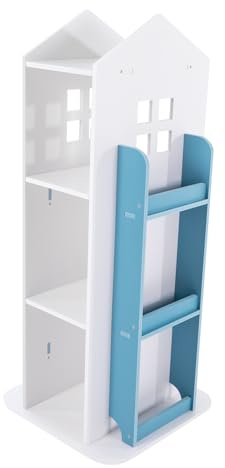 Malkoaswe 4 Etagen Drehbares Bücherregal, 360° Frei Bücherregal Kinder Brehregal Düroregal Standregal Drehregal Büroregal Dekoregal, Ideal für Bücher und Deko, Blau