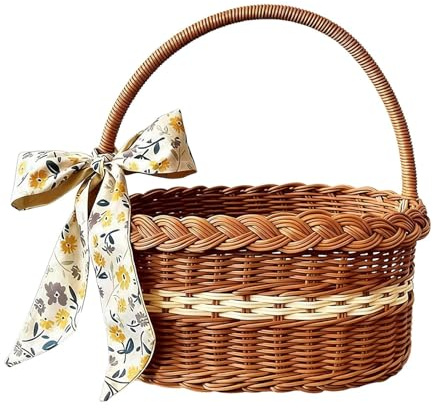 Panier Osier Avec Poignée, Panier de Pique-nique Saule Tissé À La Main, avec Motif Écharpe, pour Pique-nique, Œufs De Pâques, Fleurs, Fruits, Mariage Plein Air