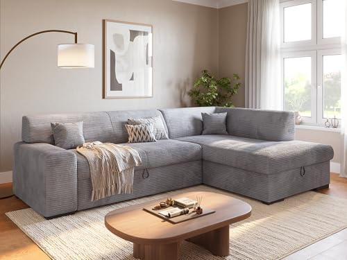 BROMARKT Ecksofa mit Bettkasten Schlaffunktion L 260cm Rechts Hellgrau | Wohnlandschaft mit Schlaffunktion und Bettkasten L-Form Schlafcouch Eckcouch Bettsofa 3 sitzer Cordstoff Sofa für Wohnzimmer
