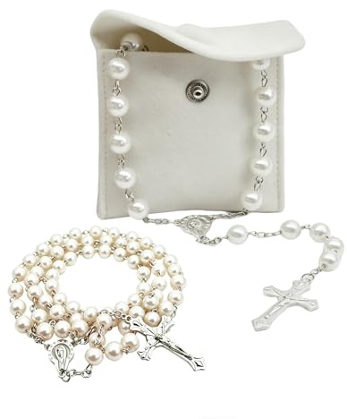 CAIKAILIOR Rosenkranz Katholisch,1Rosenkranz Kette,Rosary Necklace,Rosenkranz Kommunion Mädchen,Kunstperlen Katholische Rosenkranzperlen Retro-Kreuz,mit Samt Geschenkbeutel,Taufe Kommunion Hochzeit