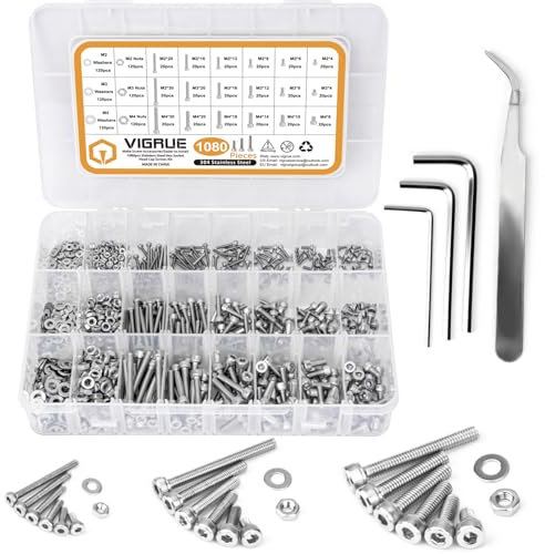 VIGRUE 1080Pcs Schrauben und Muttern Set, 304 Edelstahl Metrische Schrauben Set, M2 M3 M4 Schraubensortiment Sechskopf-Knopf Gewindeschrauben,Maschinenschrauben