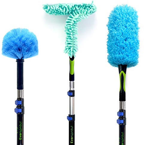 EVERSPROUT Duster 3-Pack with Extension-Pole (6.1m Reach) | Hand-Packaged Cobweb Duster, Microfiber Feather Duster, Flexible Ceiling & Fan Duster (20 Ft. Reach) | 3.6m Aluminum Telescopic Pole