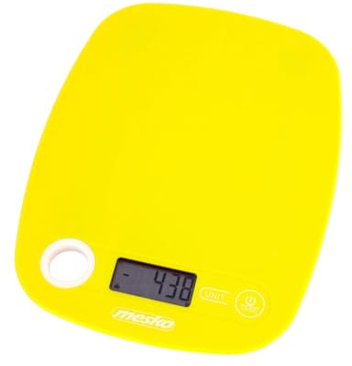 Mesko MS 3159 Digitale Küchenwaage – 5 kg Kapazität, 1 g Genauigkeit, LCD-Display, Tara-Funktion, Milch-/Wasser-Modus, Aufhängbar, Gelb, kompakt & leicht