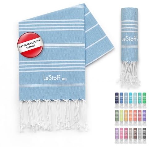 LeStoff Hamamtuch Gästehandtuch, 100% Bio-Baumwolle, 50x100 cm, Hellblau | Handtuch für Bad, Gesicht, Sport, Reise, Camping – vorgewaschen, nachhaltig, leicht, kompakt, saugstark und schnelltrocknend