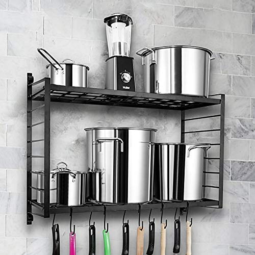 BestVida SparkWorks Topf-Rack, 2-Schicht Eisen Küchenregal Wandmontage, Pfannenhalter mit 12 Haken, Küchenutensilienhalter, Küche Wandregal für Töpfe und Pfannen