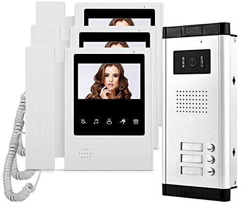 HFeng 4,3 '' Farb-Video-Türsprechanlage mit Türklingel Intercom-System 3 Monitore + 700TVL IR COMS Nachtsicht-Videokamera für 3 Apartments/Familien