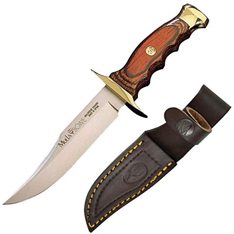 Muela Cuchillo de caza BW-14 con hoja de acero inoxidable ACX-380 de 14 cm y empuñadura de madera de coral para Caza, Pesca, Supervivencia y Bushcraft + Portabotellas de regalo