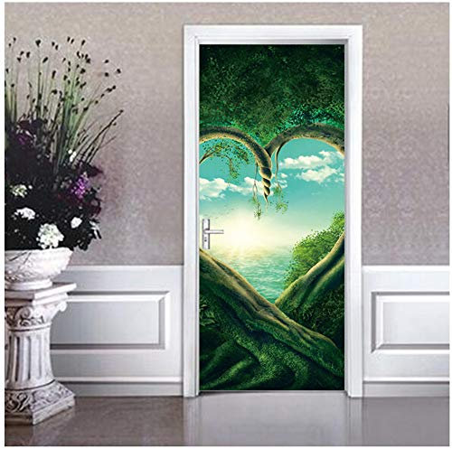 XIANGPEIMENTIE Grünen Wald Herz Baum Tür Aufkleber Schöne Familie Vinyl Aufkleber Für Tür Kinderzimmer Wohnkultur Tür Aufkleber PVC Wandtattoos wasserdichte Wandbild 77 * 200 cm