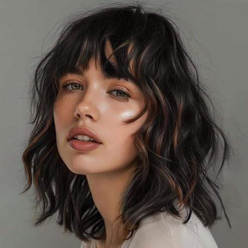 Colorful panda svart mix bruna höjdpunkter kort bob vågig peruk med lugg för kvinnor kort lockigt naturligt hår axellängd värmebeständig syntetiskt hår peruk för Halloween fest dagligen 10 tum