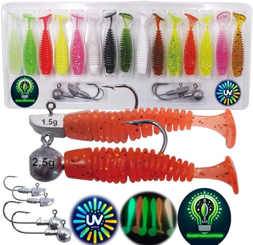 Njord Kalastus Twister Set Angeln 19 Teilig Mit Jig Haken | 15 Leuchtende Twister 4cm | Forellenköder | Barschköder | Raubfisch Köder Set | Zielfisch Forellen Barsch Döbel