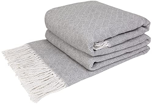 LYHome Bomullsfilt - Pläd med Fransar: Bomull Filt Perfekt för Soffa, Säng, Vardagsrum, Sovrum, för Dekoration och Som Gåva. Tät, Mysig och Tung Pläd (140 cm x 200 cm/Ljusgrå med Vitt)