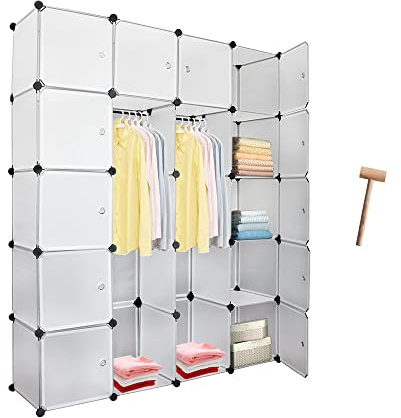 Lospitch 20 Würfel DIY Regalsystem Kleiderschrank Offen Kunststoff Garderobe mit Türen Garderobenschrank Weiß 180 * 142 * 37CM