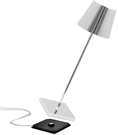 Zafferano Poldina Pro, Lámpara LED Inalámbrica Recargable, Regulador Táctil, Larga Duración con Multicargador USB (EU/UK/US) H38 cm Cuerpo de Aluminio con Acabado Galvánico Brillo - Plata