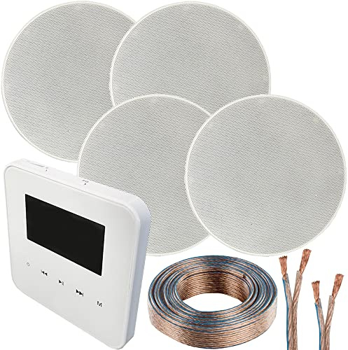 100W Speaker System - Bluetooth In-Wall Mounted Amplifier - 4x 70W 5.25 Slim/Low Profile Ceiling Speaker Kit - Wireless Music Streaming Amp