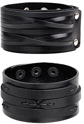 NIGHTCRUZ Punk Leather Cuff Bracelet, 2PCS Vintage Leather Wristband for Men Women
