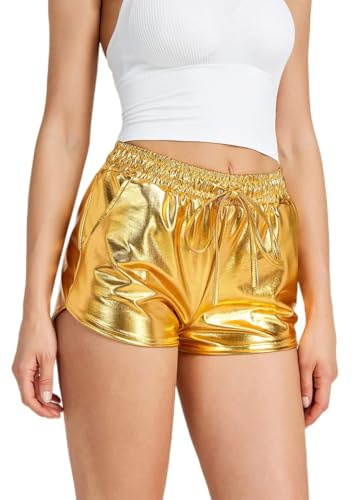 NewL glänsande metalliska sexiga shorts kvinnor hög midja reflekterande byxor glittrande outfit elastisk midja rave dans fest, Guld, L