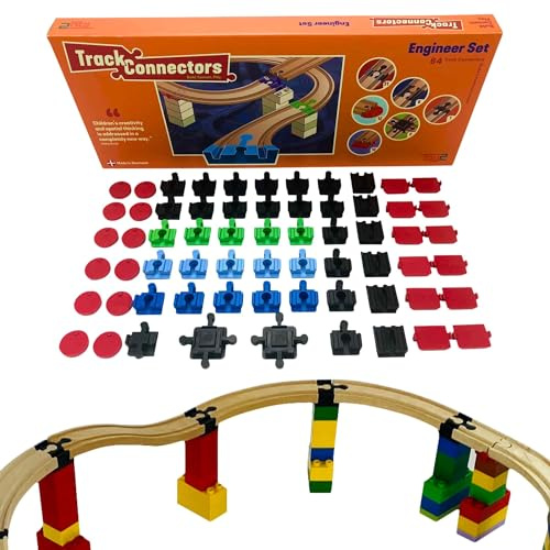 TOY2 Engineer Set | 64 skenkontakter lämplig med Brio och Lego Duplo träbana | Byggsats med 6 olika spårkontakter | Hållbar träjärnväg järnvägsanslutning och träskenor kontakter