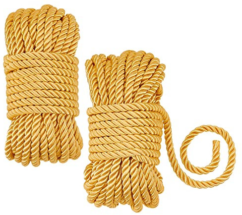 PandaHall 65 Fuß/20 m Geflochtene Verdrehte Seidenseile 6 mm Durchmesser Goldene Verdrehte Kordel Weiche Polyester-Seidenseile Dekorative Seile Für Weihnachten Halloween Party Handwerk Knoten