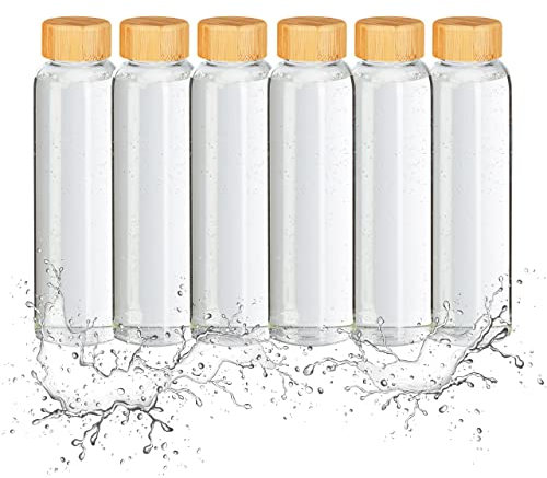 Relaxdays Trinkflasche mit Bambusdeckel, 6er Set, 500 ml, Wasserflasche mit Hülle, Borosilikatglas, transparent/schwarz