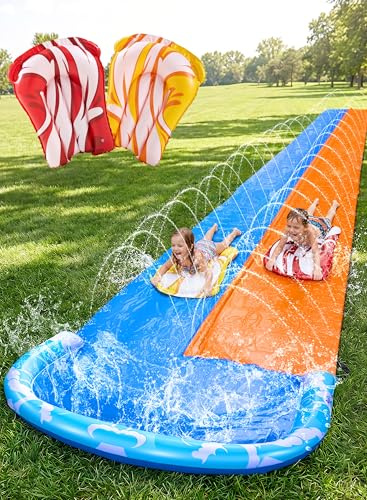 JOYIN 32,5ft/990,6cm Ultralange Doppelte Wasserrutsche, Rasen-Wasserrutsche mit Sprinkler und 2 aufblasbaren Boards für Kinder und Erwachsene, Sommerparty, Garten, Rasen, Außen-Wasseraktivitäten