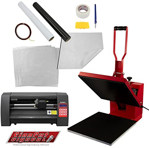Transferpresse Hitzepresse 38cm Textilpresse Sublimation & Vinyl Schneideplotter 360mm im Set SignCut Pro 2 Lizenz PTFE-Matte 10 Sublimationsblätter Schwarze & Weiße Vinyl Rollen Klebeband & Zubehör
