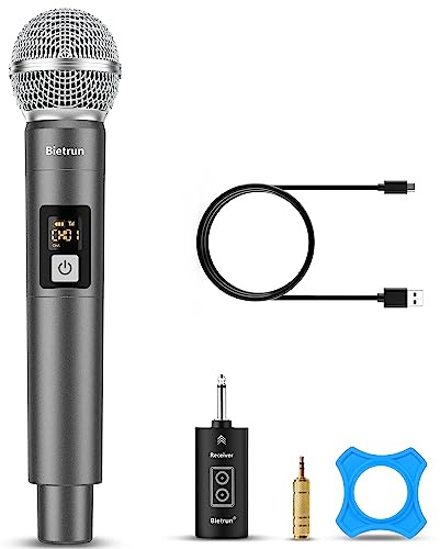 Bietrun Kabelloses Mikrofon, UHF-Einzel-Handmikrofon, schnurloses dynamisches Metallmikrofon-Set mit wiederaufladbarem Empfänger, 1/4-Zoll-Steckerausgang, für Karaoke, Kirche, Hochzeit, Partygesang