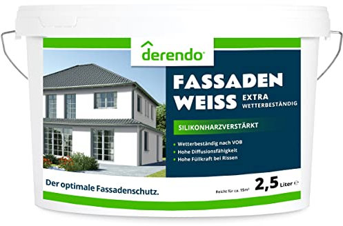 derendo Fassadenfarbe weiß silikonharzverstärkt mit EXTRA Wetterschutz, 2,5l, Fassaden Farbe mit hoher Deckkraft und guter Füllkraft bei kleinen Rissen, weiss matt