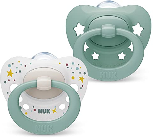 NUK Signature Baby Dummy | 0-6 Months | Soothes 95% of Babies | Heart-Shaped BPA-Free Silicone Soothers | Includes Case | Green Stars | 2 Count