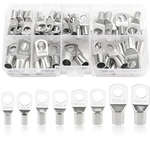 YIXISI 60 PCS M6/M8 Copper Tube Terminals Kit, Battery Cable Ends Terminals, for Electric, Auto, Silver