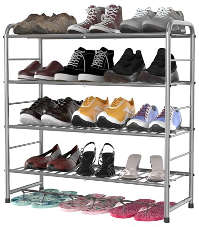 4-Tier Stackable Shoe Rack,Expandable & Adjustable Shoe Organizer Storage Shelf,High Capacity,Wire Grid,Silver