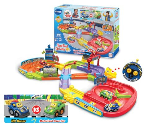 VTech Toot-Toot Drivers Super Circuit RC Raceway, Toy Car Playset with 2 Vehicles Included, 3 Exciting Crash Zones, Songs & Fun Phrases, Interactive Toddler Toy 12 Months, 2, 3, 4 +, English Version