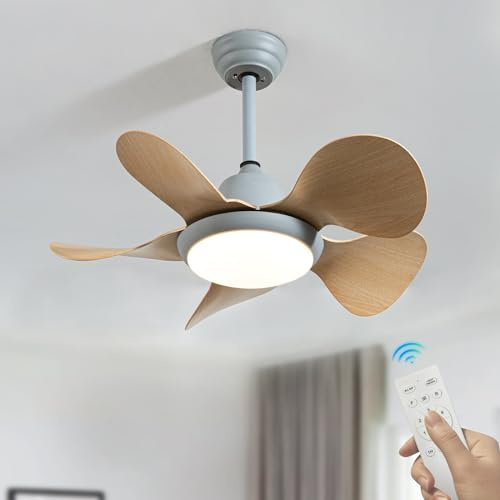 Ventilatore Da Soffitto Con Luce E Telecomando, A 6 Velocità Con Motore DC Reversibile Silenzioso Lampada Ventilatore Soffitto Piccolo per Cucina Funzione Inverno/estate,Grigio Venature Del Legno/B