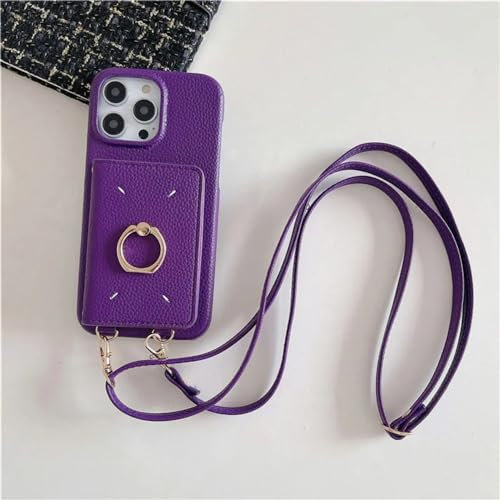 SMIEK Crossbody-Lanyard-Leder-Handyhülle für iPhone 15 14 Plus 13 12 Mini 11 Pro Max Ring-Geldbörse mit Kartenhalter Stoßfeste Hülle, Dunkelviolett, Für iPhone 11Pro Max