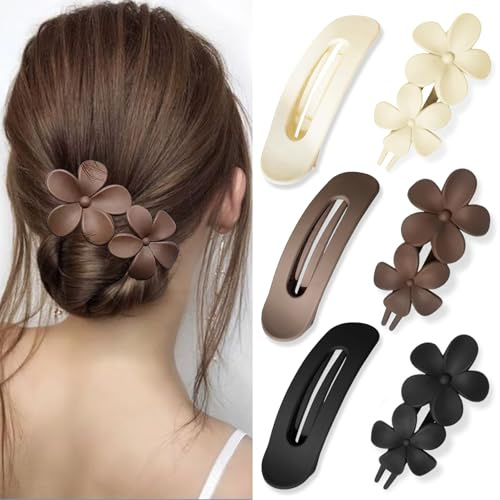 FloralGrace 6 Stück Cremeweiß,Schwarz,Kaffee Flache Haarspangen,2 Stile Haarklammern für Dickes und dünnes Haar,Matte Blumen Haarspangen,Französische Barrette Haarklammern