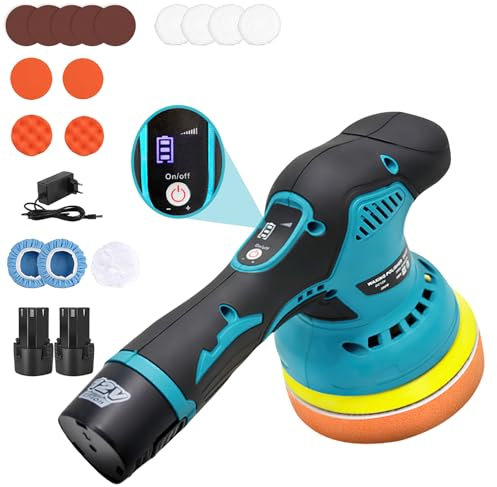 Polisseuse de voiture sans fil, Kit de Polissage Voiture, 8 Vitesses Variables, Polisseuse Orbitale avec 2 Batteries 12V, Polisseuse de Voiture à Base de 125mm, pour Auto Moto Le Polissage, Cirage