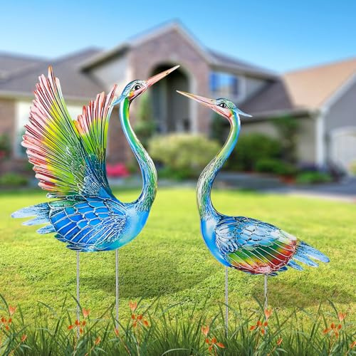 Suzile 2 Pack Garden Crane Statues Outdoor Heron Garden Animal Sculpture Metal Large Birds Lawn Sculptures and Statues for Patio Pond Patio Porch Outside Decorations