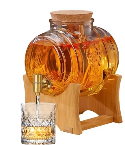 Botte di vino in vetro con rubinetto, dispenser per decanter per whisky | Barile dispenser per decanter per alcol da 5000 ml con rubinetto,Decanter per whisky con supporto in legno per whisky, rum,