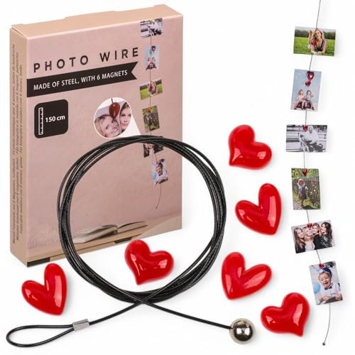 MIJOMA Filo per foto con magneti – Elegante gancio per foto in acciaio – Corda flessibile per foto e cartoline & appunti – Facile da parete senza fori (150 cm con 6 magneti a cuore)