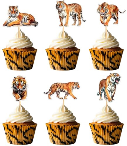 24 Cupcake-Topper mit Tiger-Motiv, realistische Wildtier-Kuchenpicker für Dschungel-Safari-Mottopartys, Tiger-Geburtstage, Babypartys und Wildtier-Feiern