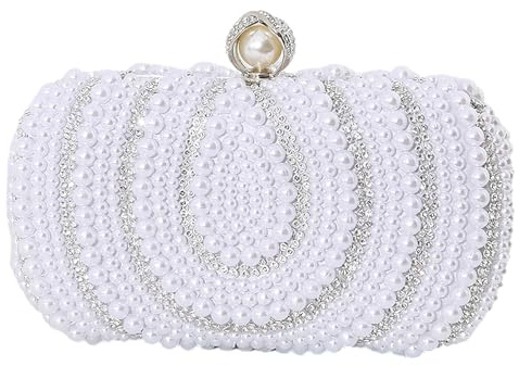 Jamron Donna Vintage Borsa da Sera con Perle Pochette de Sposa SN071293 Bianco
