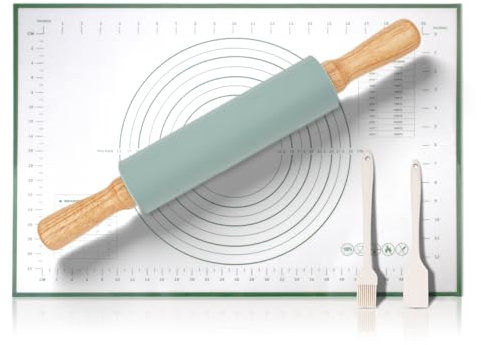 BELICOO Wooden Rolling pin and Pastry Mat Set, 38.5cm Dough Roller with Pastry Brushes and Dough Scraper for Pizza, Pie, Cookie, Pasta and Bread