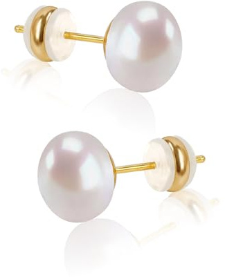 Natural Freshwater Cultured Pearl Stud Earrings, AAAA+Handpicked, Sterling Silver 18K Gold Plated Hypoallergenic Earring Studs Jewelry For Women (6mm)