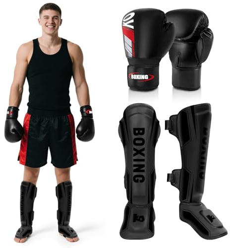NZQXJXZ Kickboxing Shin Guards Muay Thai Shin Pads with 16oz Boxing Gloves, Adjustable Leg Guards with Instep Protection Shinguards Martial Arts Training Equipment for MMA Training and Sparring