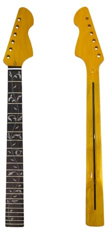 WUQIMUSC Manico di ricambio per chitarra elettrica, in acero con tastiera in palissandro, 22 tasti, scala da 65 cm, tacco imbullonato, finitura lucida gialla (intarsio in vite)