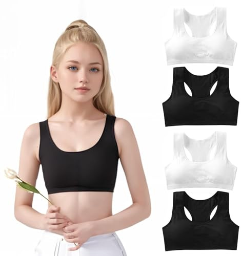 LandReCol 4er-Pack Mädchen-BH aus weicher Baumwolle, bauchfrei & Nicht Gepolsterter Trainings-BH, für Mädchen & Teenager 8-14 Jahre | Crop-Top mit verstellbarem Band
