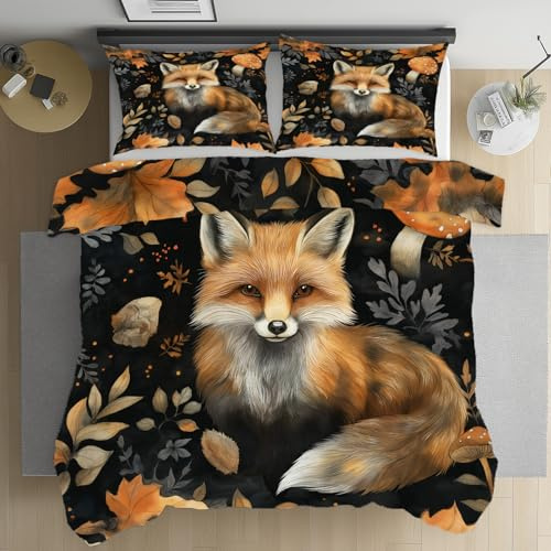 Kioldoq Mignon Renard Housse De Couette Fermeture éclair 90x190, Jungle Animaux Parure De Lit Microfibre, Feuilles Botanique Parure De Couette, Linge De Lit, Drap Lit Et 2 Taies D'oreillers 65x65cm