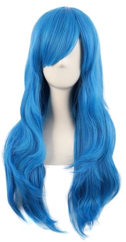 MapofBeauty 28 Pulgada/70 cm Monochrome Side Flequillo Largo Rizo de Cosplay Fiesta Wavy Pelucas (Mezclada Vivid Azul)